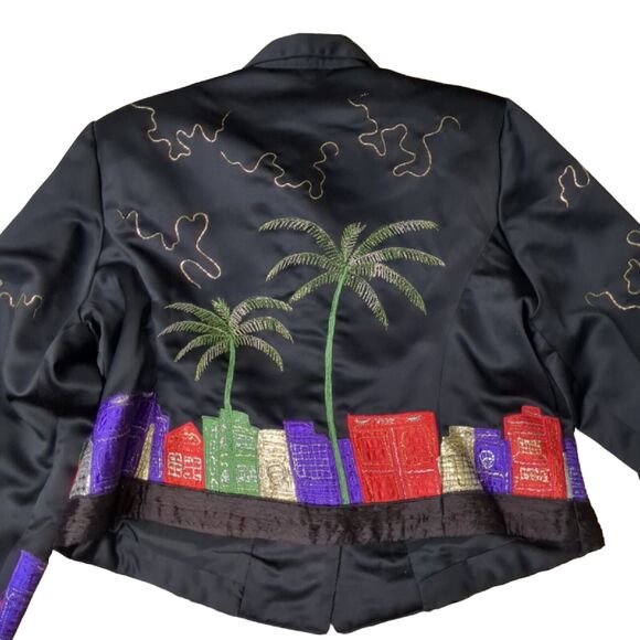 Vintage Tunique Women's Jacket Satin Embroidered Palm Trees Black Size XL - Picture 5 of 6